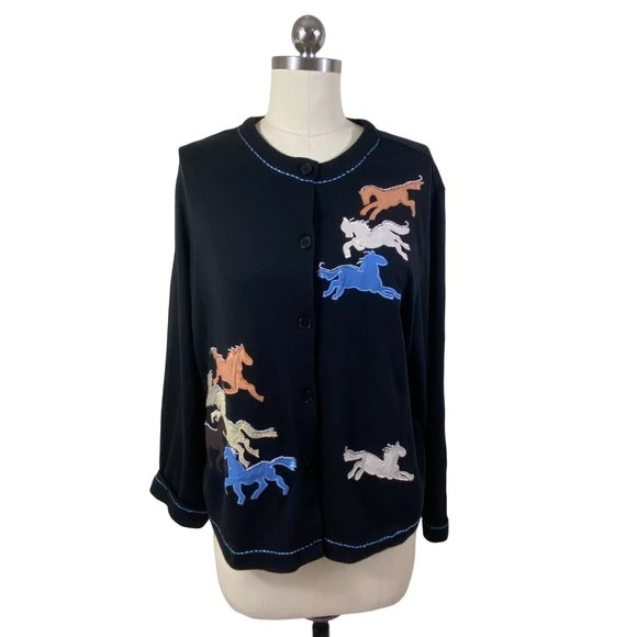 Blair Y2K Cardigan Womens Large Black Applicaque Horses Western Cowgirl Novelty - Picture 1 of 9